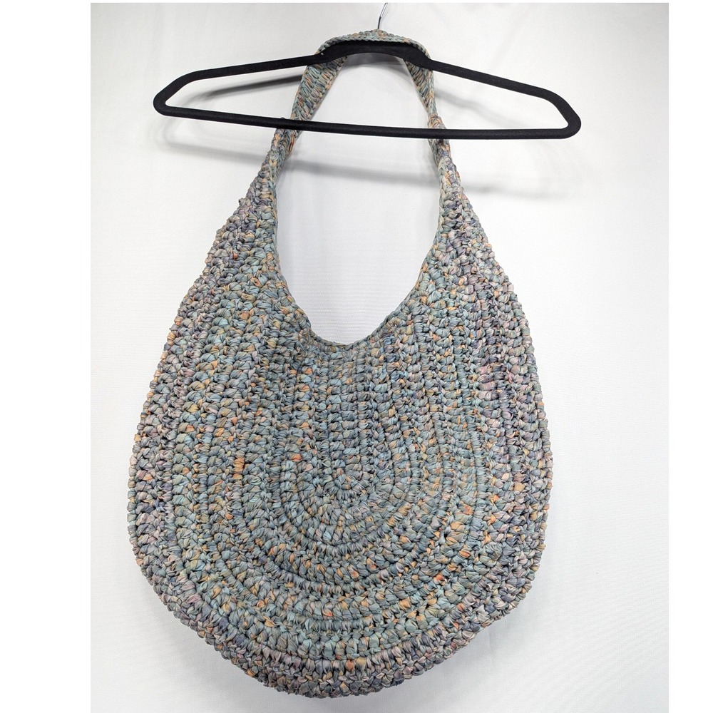 The Sak Crochet Hobo Bag Multi Color Pastel Reversible Woven Shoulder Bag Fob